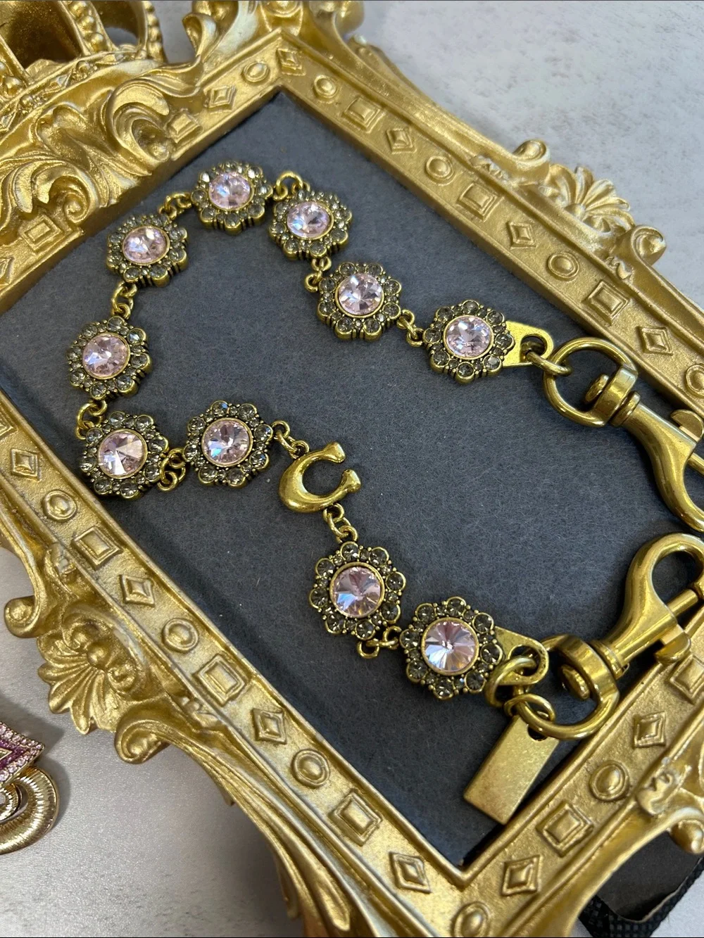 Short Chain Strap Gold and Pink/Purple Crystal Bag C Charm Chain